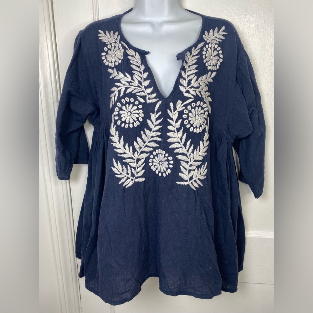 Roberta Roller Rabbit Dark Blue Tunic with White Embroidery